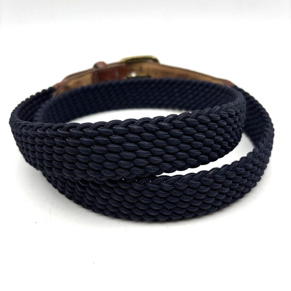 1995 Land's End 37866 Navy Blue Stretch Brown Leather Brass Buckle Belt Men's 38 - Picture 3 of 16